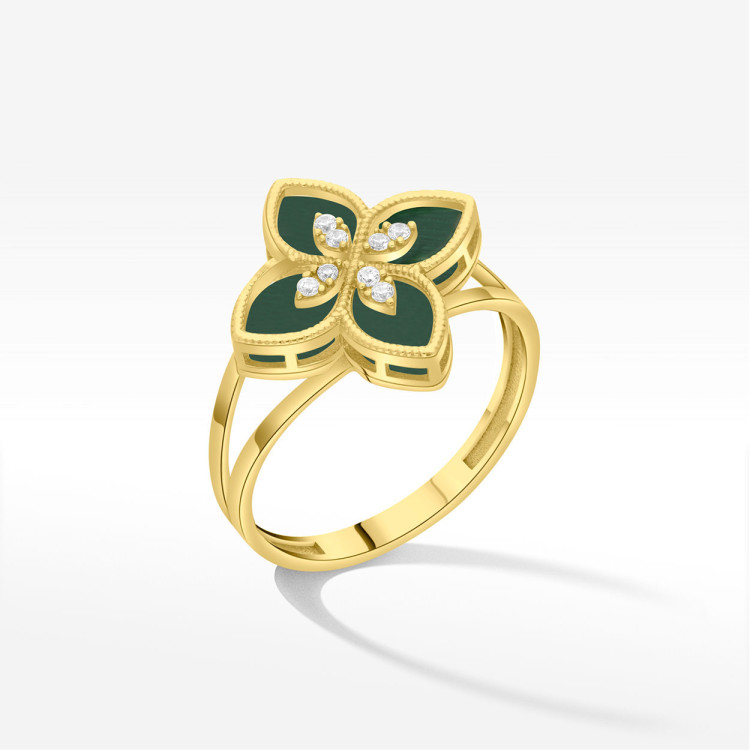 Pierścionek ze złota z malachitem i białymi cyrkoniami
