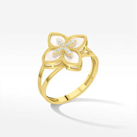 Pierścionek ze złota z masą perłową i białymi cyrkoniami