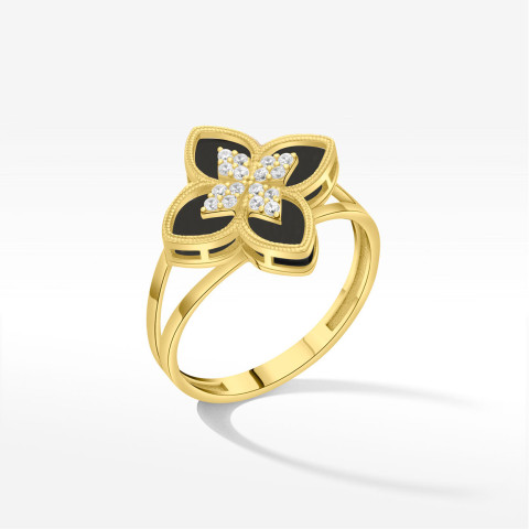 Pierścionek ze złota z onyksem i białymi cyrkoniami