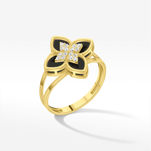 Pierścionek ze złota z onyksem i białymi cyrkoniami