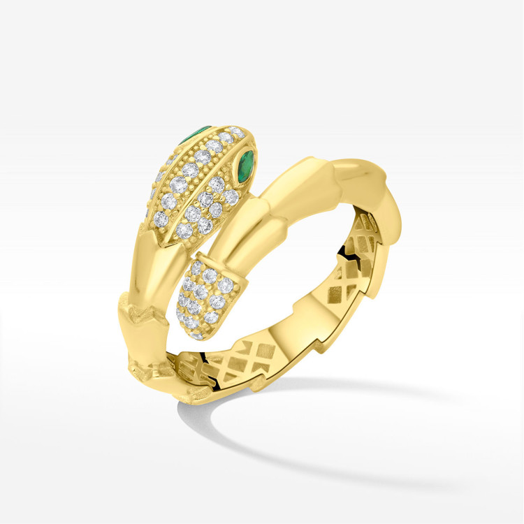 Pierścionek ze złota wąż z białymi cyrkoniami