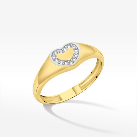 Pierścionek ze złota serce z  białymi cyrkoniami