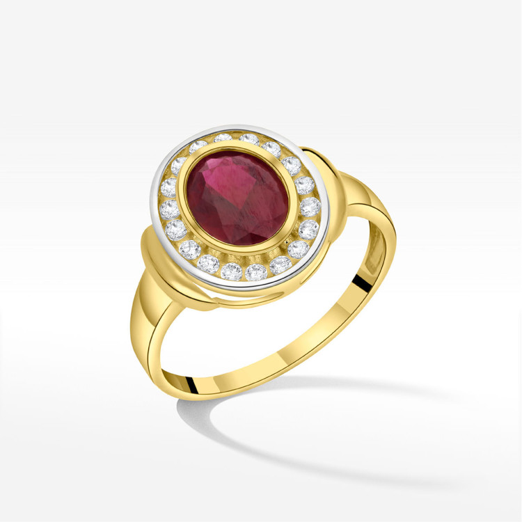 Pierścionek ze złota z czerwoną i białymi cyrkoniami