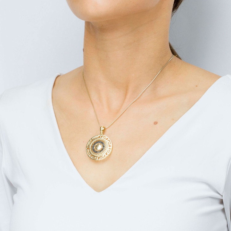 Zawieszka ze złota z czarnymi cyrkoniami i wzorem greckim