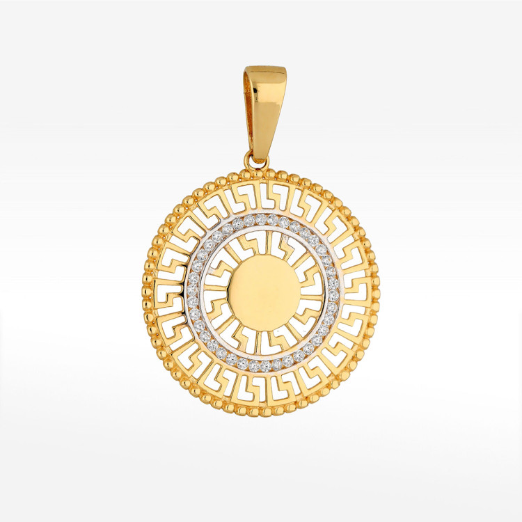 Zawieszka ze złota z białymi cyrkoniami i wzorem greckim