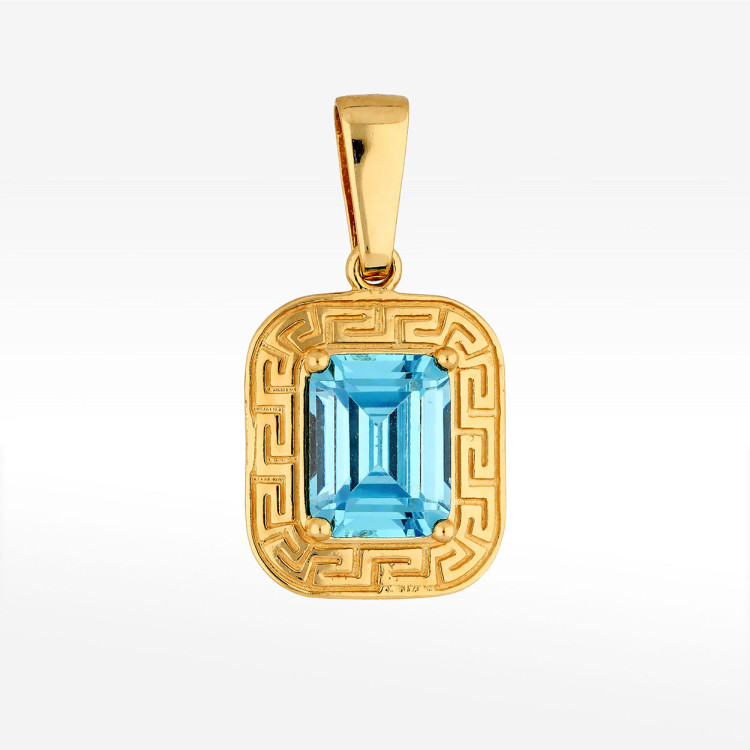 Zawieszka ze złota z niebieską cyrkonią i wzorem greckim