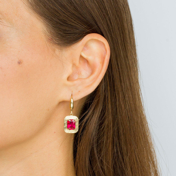 Kolczyki ze złota z różową cyrkonią i wzorem greckim