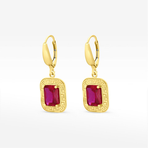 Kolczyki ze złota z różową cyrkonią i wzorem greckim