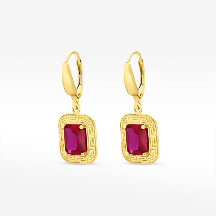 Kolczyki ze złota z różową cyrkonią i wzorem greckim