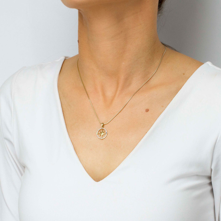 Zawieszka ze złota róża wiatrów z cyrkoniami