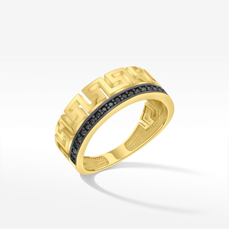 Pierścionek ze złota z wzorem greckim i czarnymi cyrkoniami
