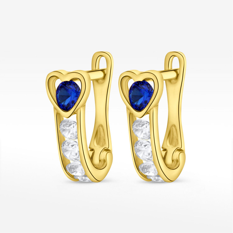 Kolczyki ze złota serce z niebieską i białymi cyrkoniami