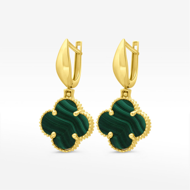 Kolczyki ze złota dwustronne z malachitem i białą cyrkonią