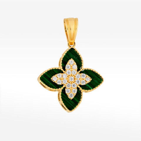 Zawieszka ze złota z malachitem i białymi cyrkoniami